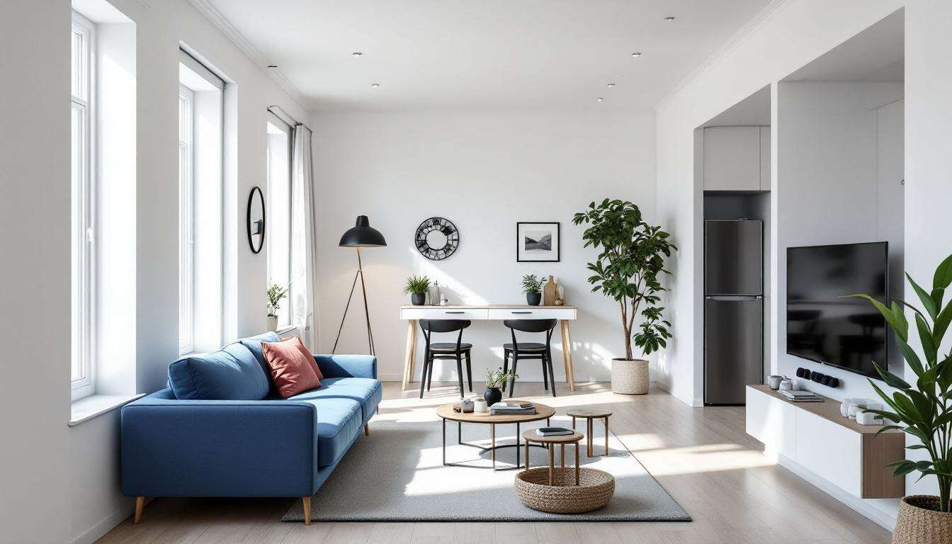 Un trilocale di 63 mq in bianco e blu, salvaspazio e luminoso