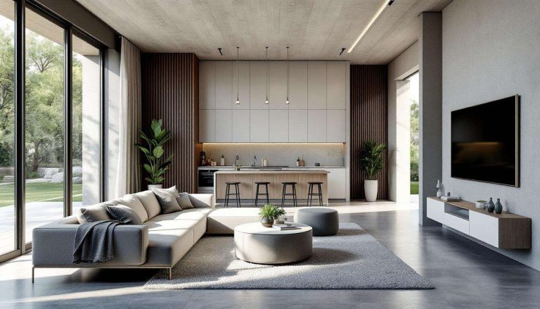 Arredare un soggiorno con ingresso diretto, cucina adiacente e vincolo dei pilastri: progetto con pianta e 3D